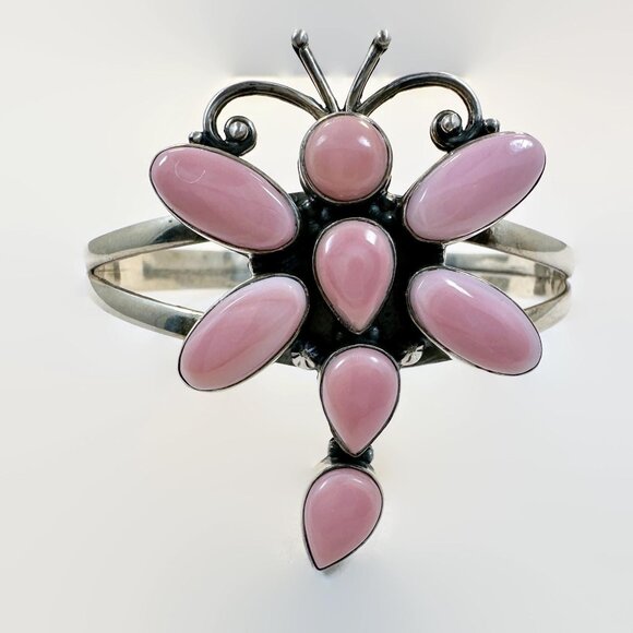 Dragonfly Bracelet: Sterling Silver Pink Conch Shell Vintage Cuff Handcrafted - Picture 2 of 5